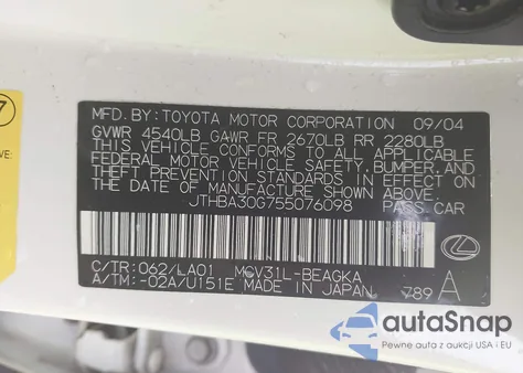 2005 Lexus Es 330 z USA, uszkodzony, nr VIN JTHBA30G755076098